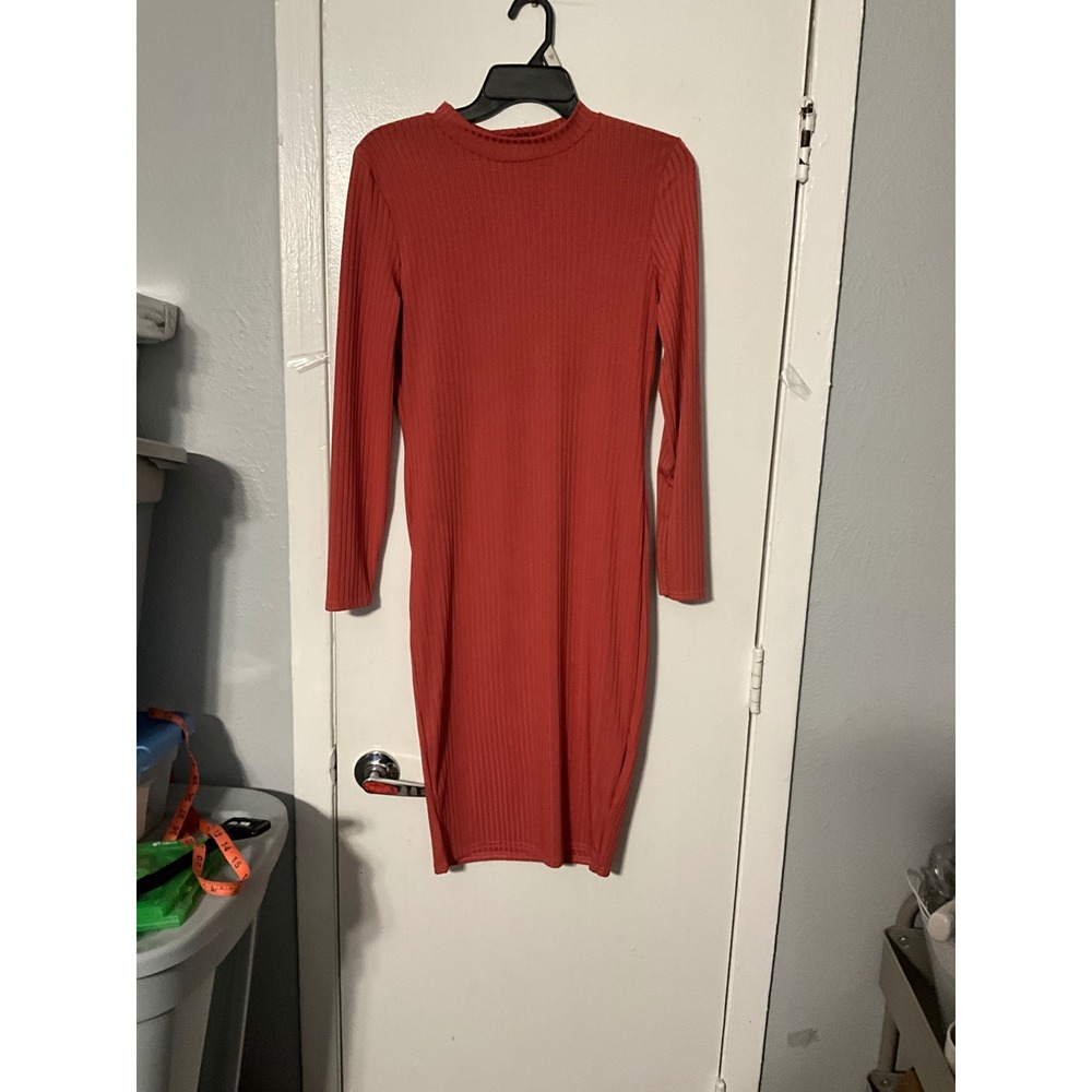 Boohoo Womens Rust Orange Ribbed Mock Neck Long Sleeve Bodycon Midi Dress Sz 10